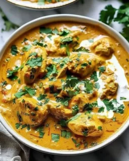 Delicious slow cooker chicken korma served with rice and herbs.