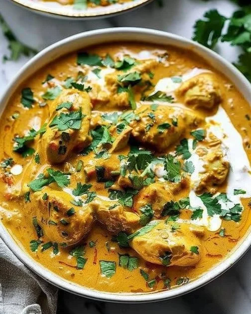 Delicious slow cooker chicken korma served with rice and herbs.