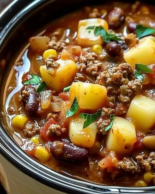 Slow Cooker Cowboy Casserole 2 Hearty slow cooker cowboy casserole with beef and beans in a pot