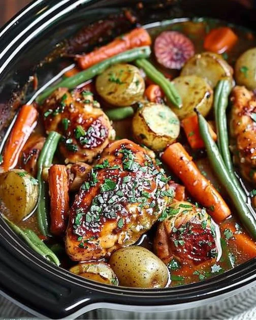 Delicious slow cooker honey garlic chicken and veggies on a plate