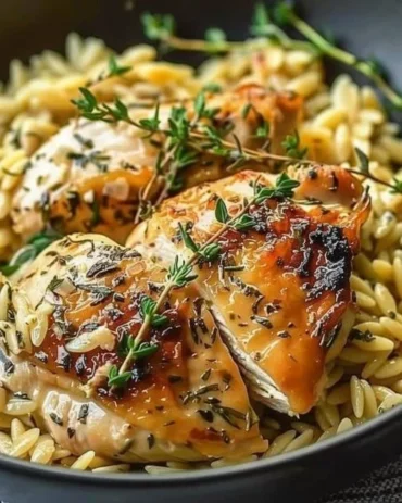 Slow Cooker Parmesan Herb Chicken served with orzo pasta in a bowl