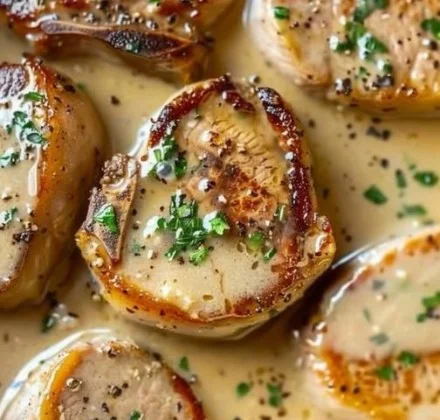 Slow Cooker Pork Chops in Garlic Parmesan Sauce served on a plate