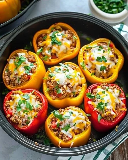 Slow cooker stuffed bell peppers filled with rice and vegetables