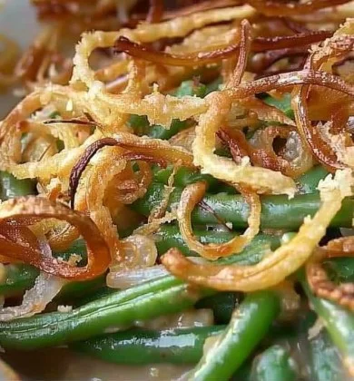 Southern-Style Green Bean Casserole 2 Delicious Southern-style green bean casserole topped with crispy onions.