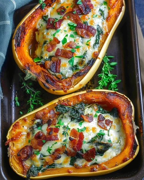 Stuffed butternut squash with spinach and herbs, garnished and ready to serve.