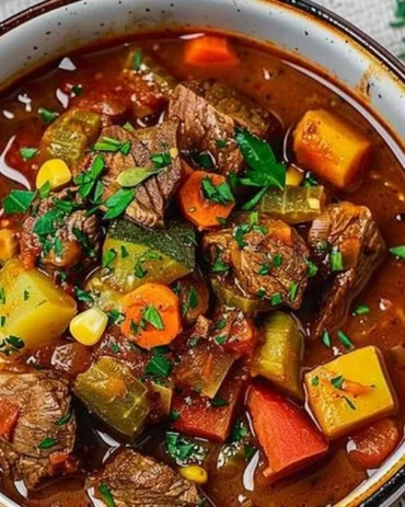 Delicious summer beef stew with fresh vegetables and herbs in a bowl.