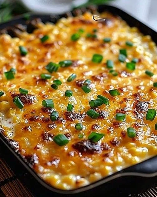 Honey-glazed corn casserole served in a dish, showcasing its sweet and savory texture.