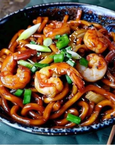 Delicious Yaki Udon with shrimp stir-fried vegetables and noodles